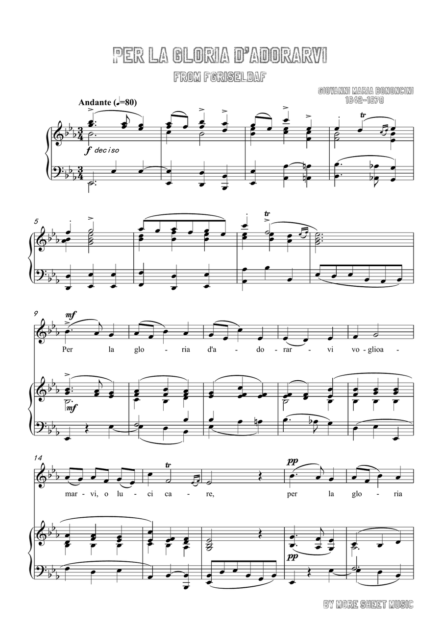 Bononcini-Per la gloria d'adorarvi in E flat Major Piano, Vocal scores gallery preview page 3