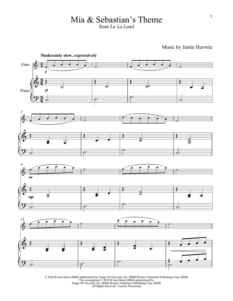 Mia & Sebastian's Theme (from La La Land) Flute Solo scores gallery preview page 1