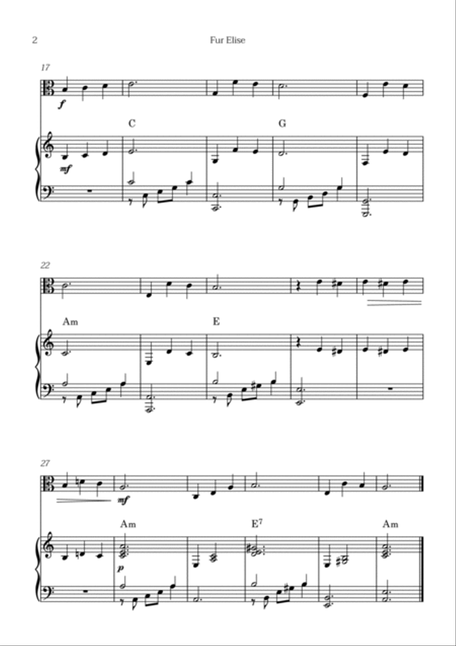 Fur Elise (for beginners - solo viola with piano accompaniment) Chamber Music scores gallery preview page 2