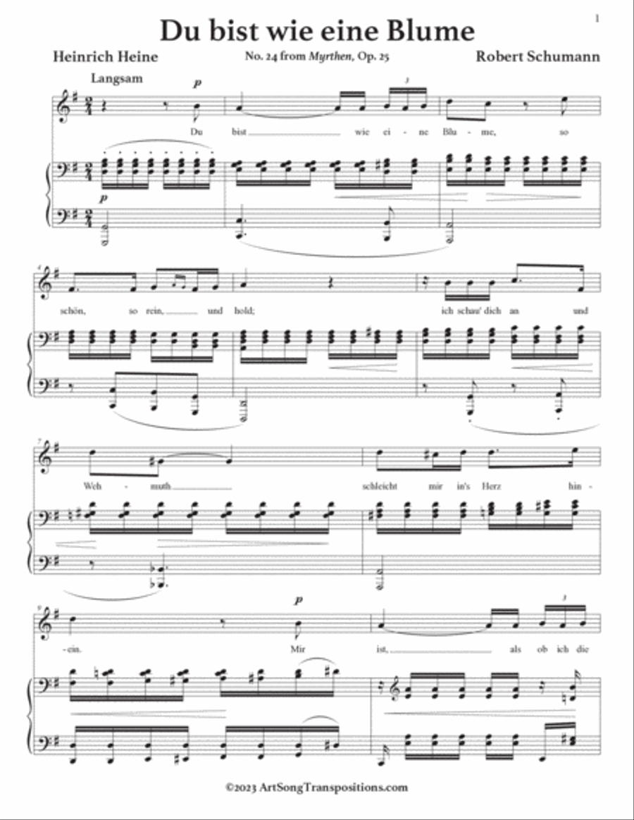 SCHUMANN: Du bist wie eine Blume, Op. 25 no. 24 (transposed to G major) Voice scores gallery preview page 2