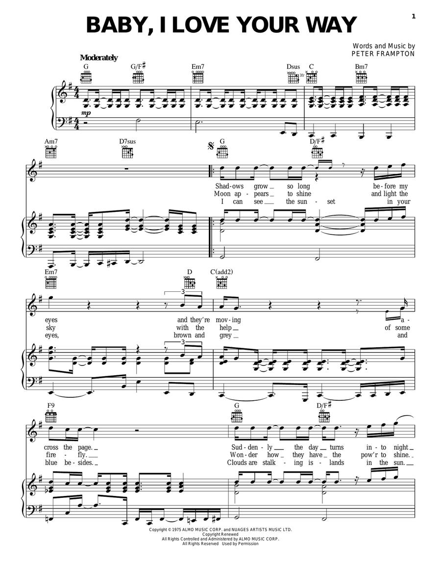 Baby, I Love Your Way Piano, Vocal, Guitar scores gallery preview page 1