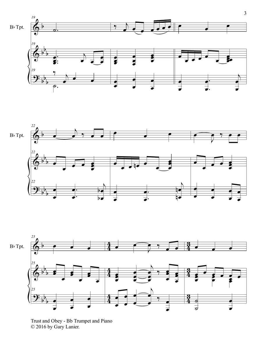 Gary Lanier: TRUST AND OBEY (Duet – Bb Trumpet & Piano with Parts) Trumpet Duet scores gallery preview page 4