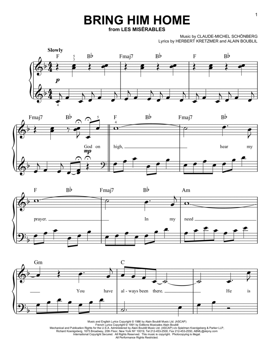 Bring Him Home (from Les Miserables) Easy Piano scores gallery preview page 1