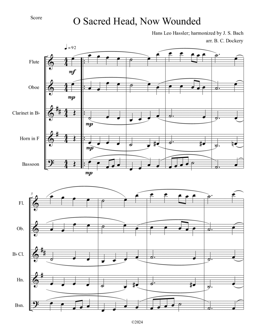 O Sacred Head, Now Wounded (Woodwind Quintet) Woodwind Quintet scores gallery preview page 1