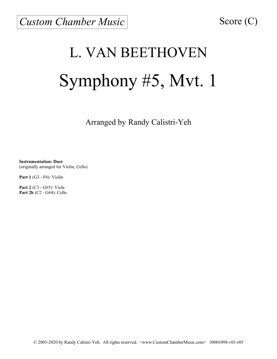 Beethoven Symphony No. 5, Op. 67, Mvt. 1 (violin/cello or violin/viola duet) String Duet scores gallery preview page 1
