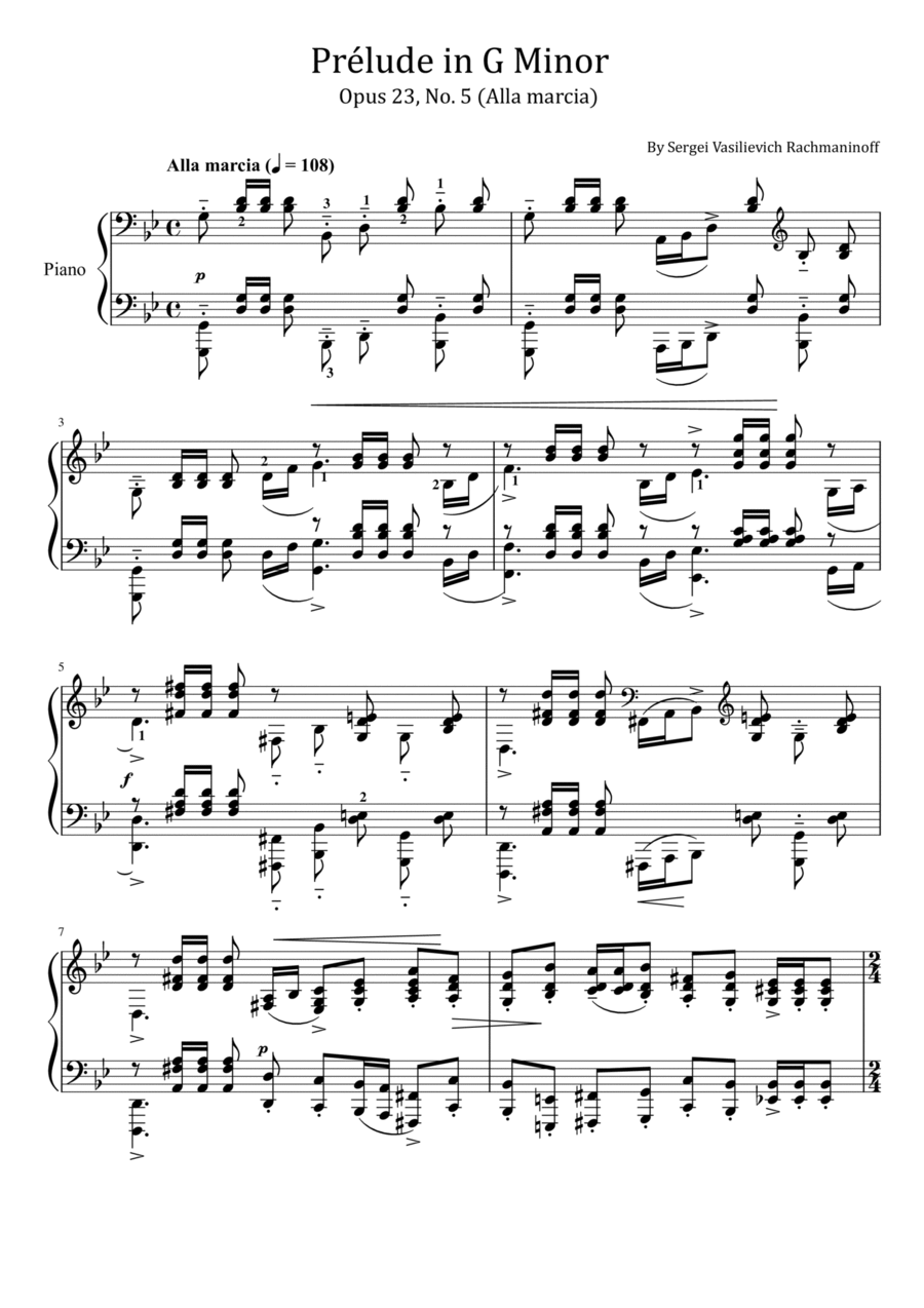 Rachmaninoff - Prélude in G Minor (Alla marcia) - Op.23 No. 5 - Original With Fingered Piano Solo scores gallery preview page 1
