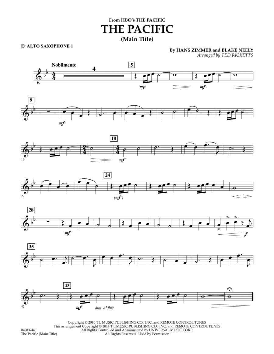 The Pacific (Main Title) - Eb Alto Saxophone 1 Concert Band scores gallery preview page 1