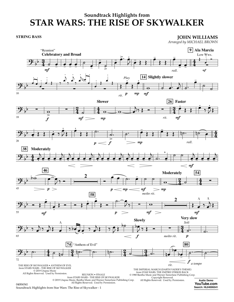 Soundtrack Highlights from Star Wars: The Rise of Skywalker - String Bass Concert Band scores gallery preview page 1