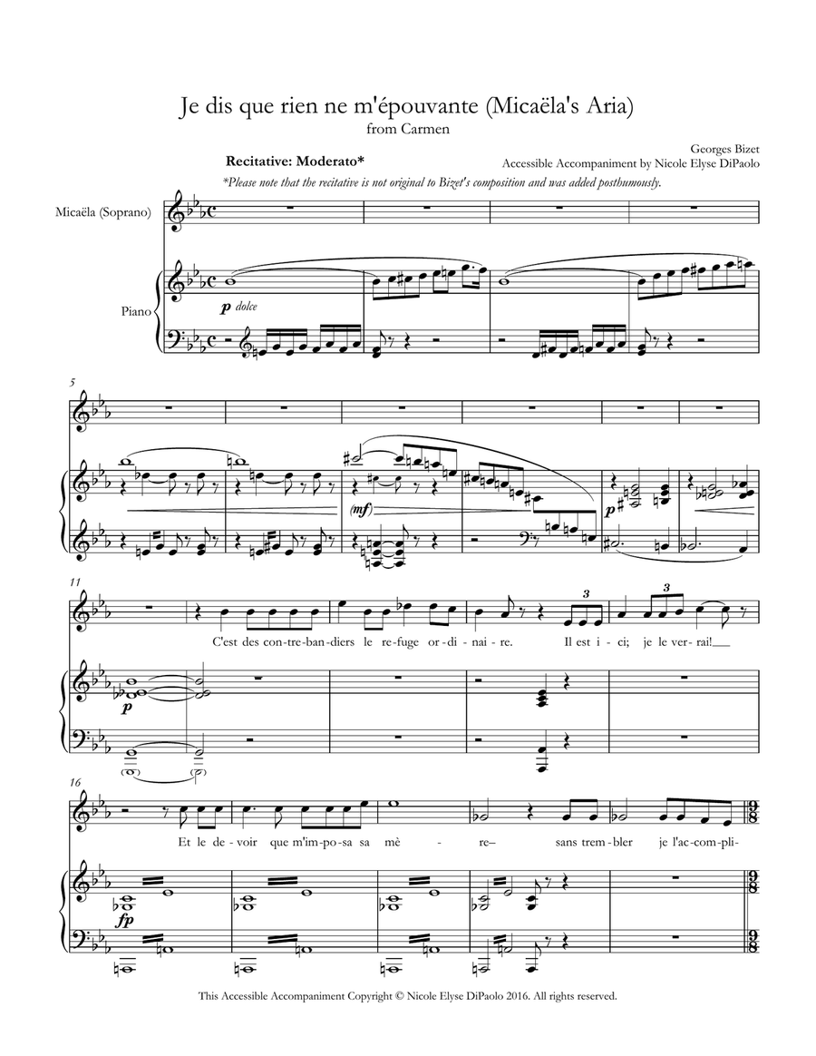 Je dis que rien ne m'épouvante (Micaela's Aria) from Carmen - Accessible Accompaniments Edition Soprano Voice scores gallery preview page 1