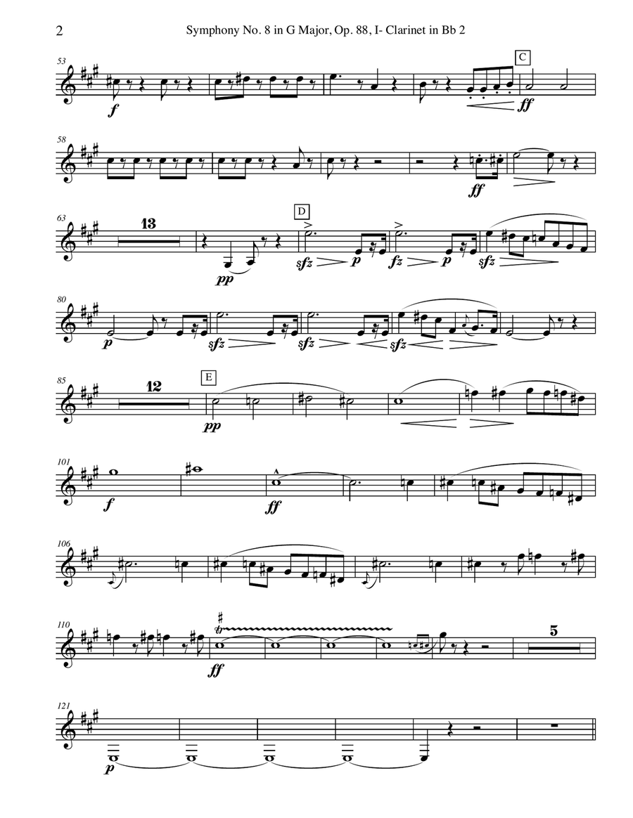 Dvorak Symphony No. 8, Movement I - Clarinet in Bb 2 (Transposed Part), Op. 88 B-Flat Clarinet scores gallery preview page 2