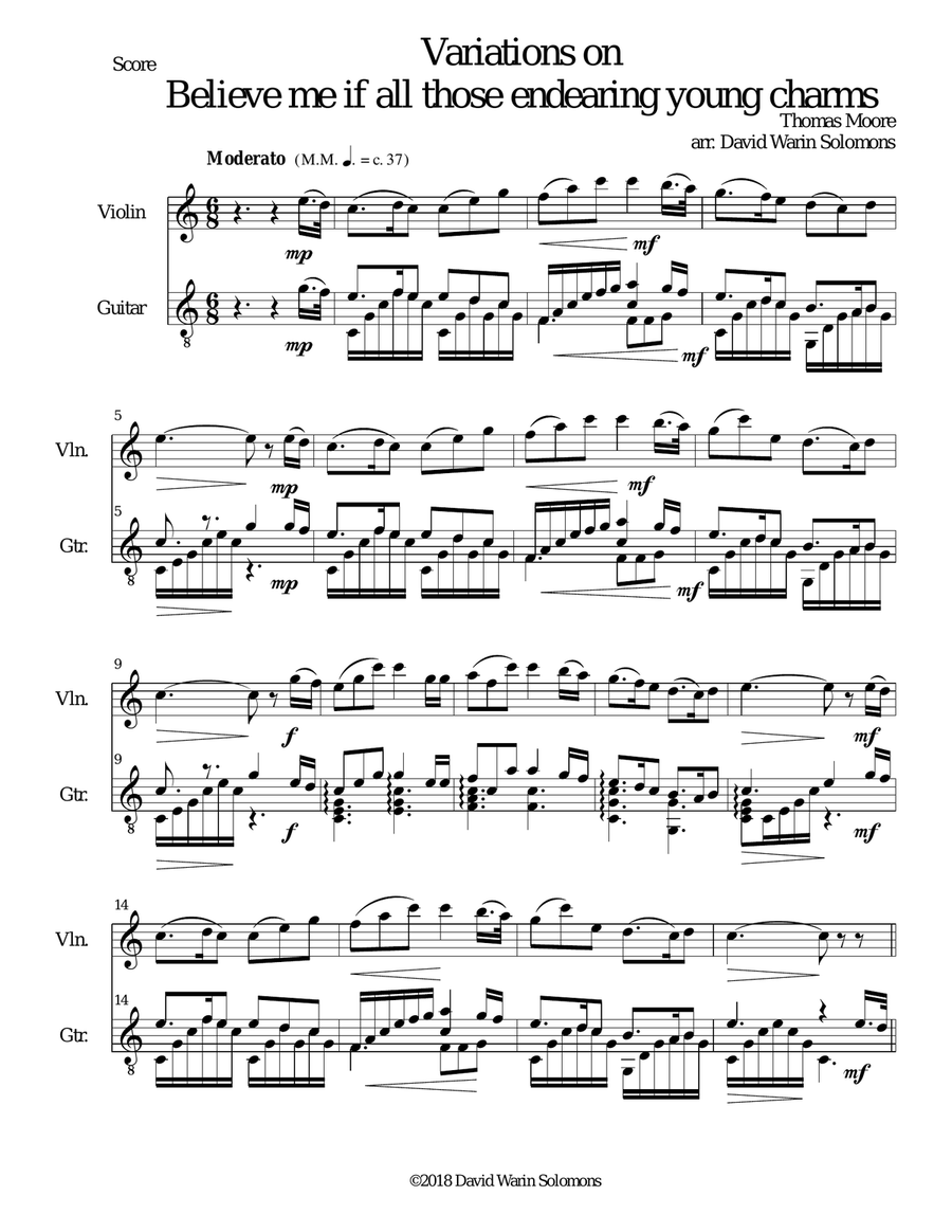Variations on Believe me if all those endearing young charms for violin and guitar String Duet scores gallery preview page 1