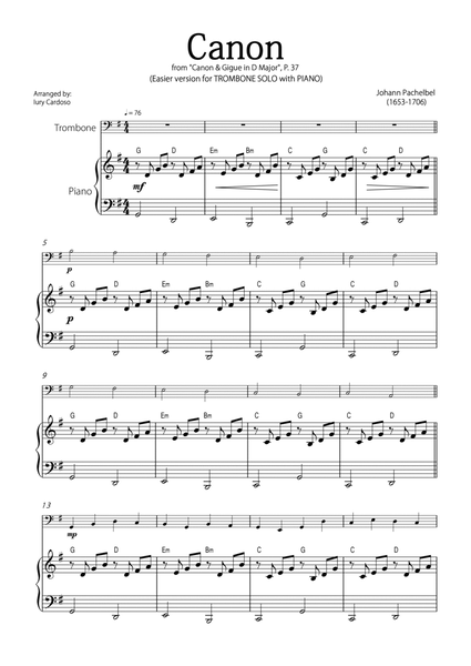 "Canon" by Pachelbel - EASY version for TROMBONE SOLO with PIANO image number null