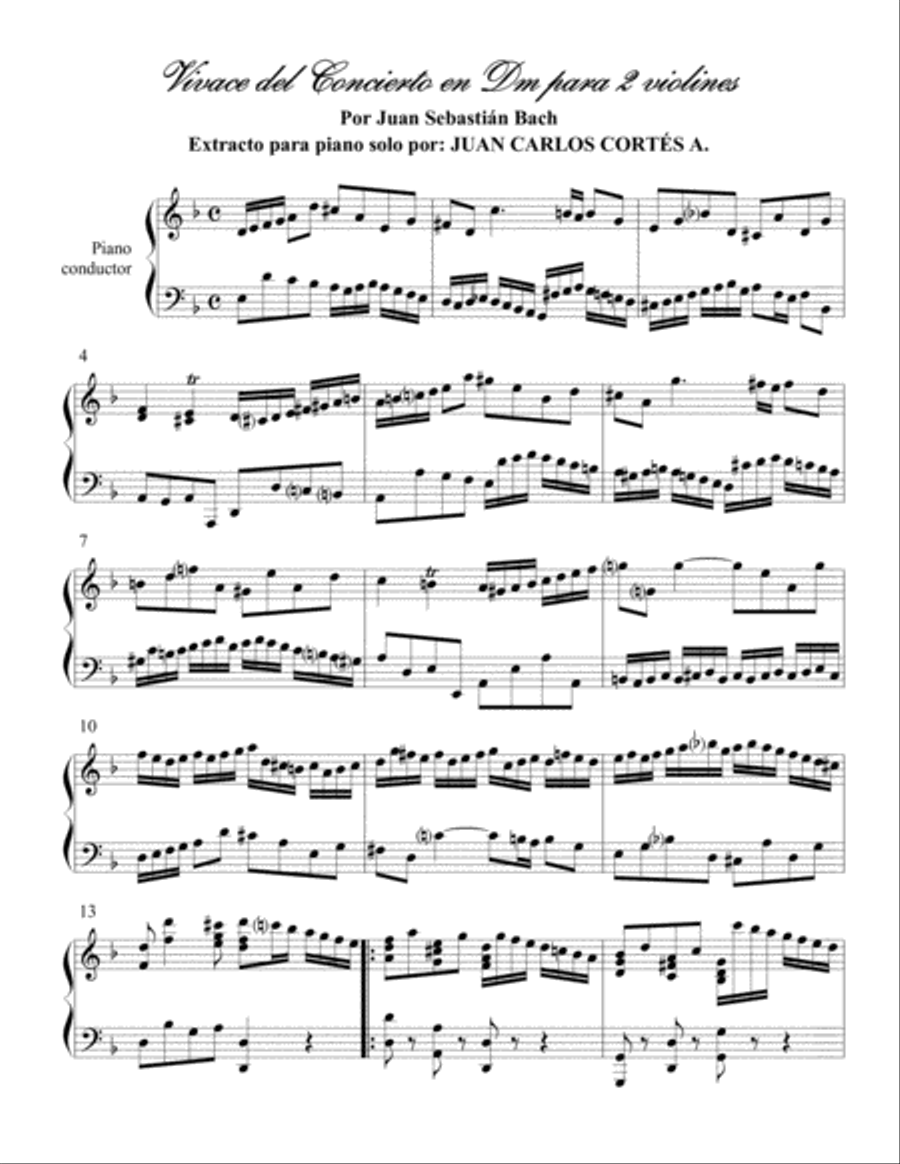 Vivace. Fragmento extraído del Movimiento I del Concierto en Dm para 2 violines de J.S.Bach Piano Solo scores gallery preview page 1