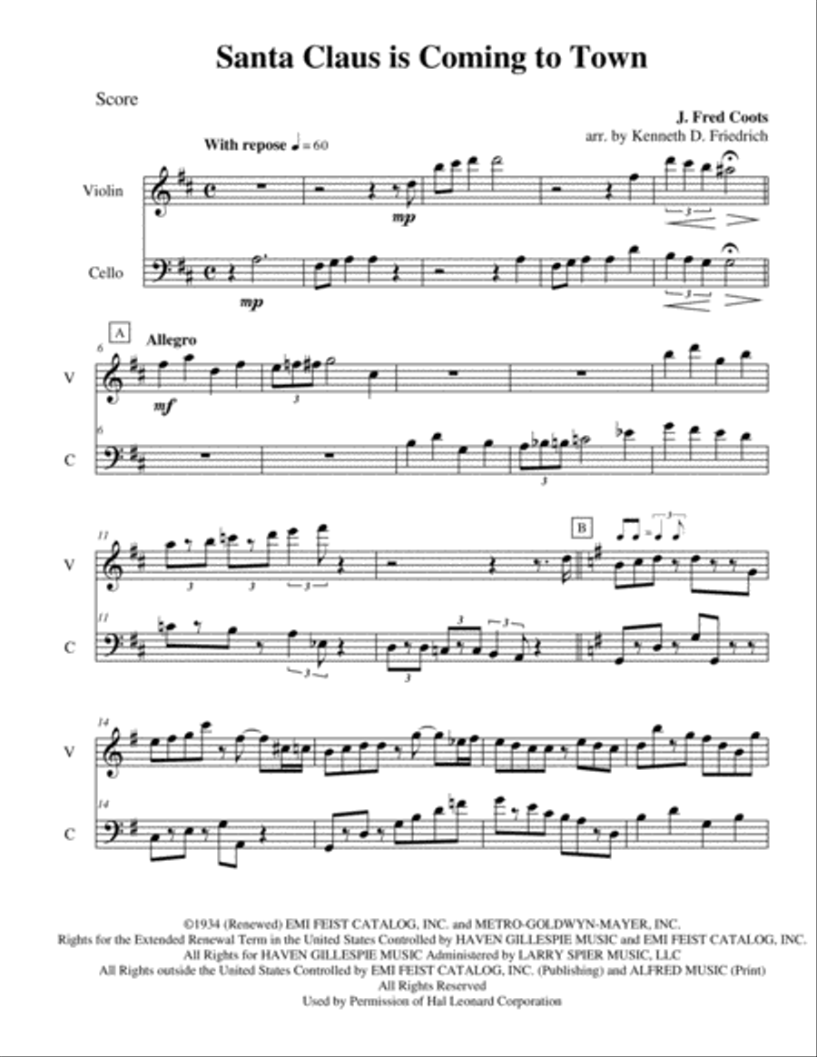 Santa Claus Is Comin' To Town String Duet scores gallery preview page 1