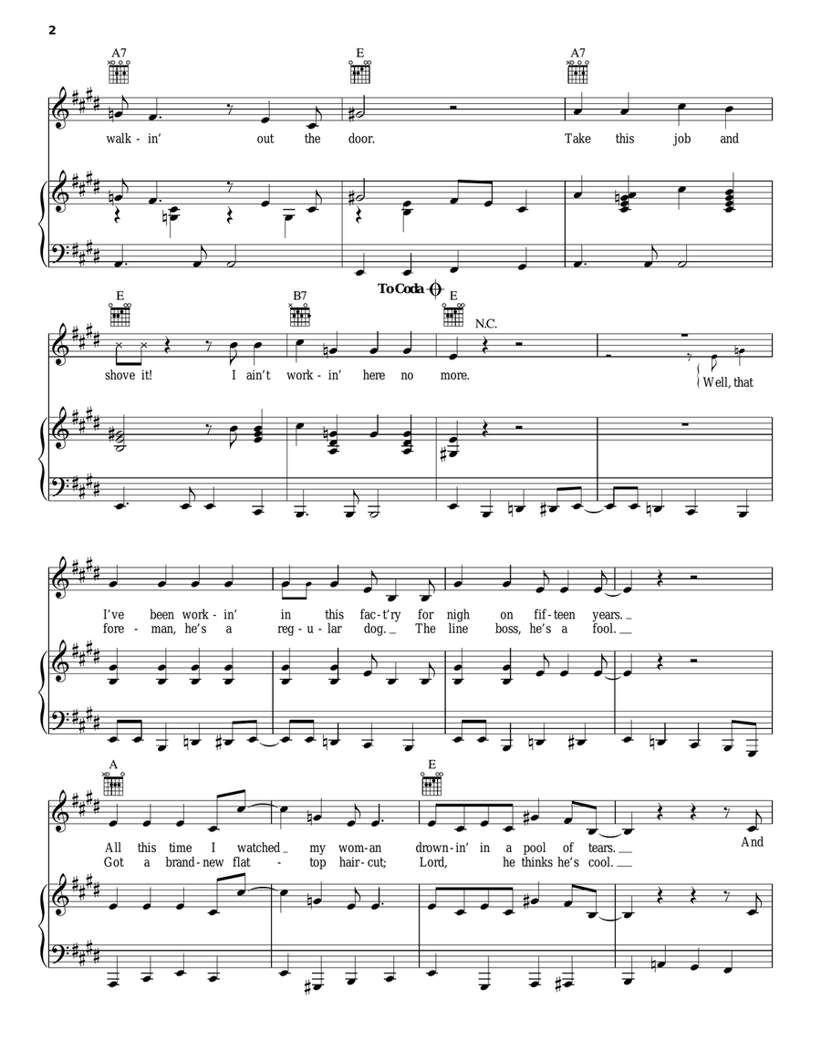 Take This Job And Shove It Piano, Vocal, Guitar scores gallery preview page 2