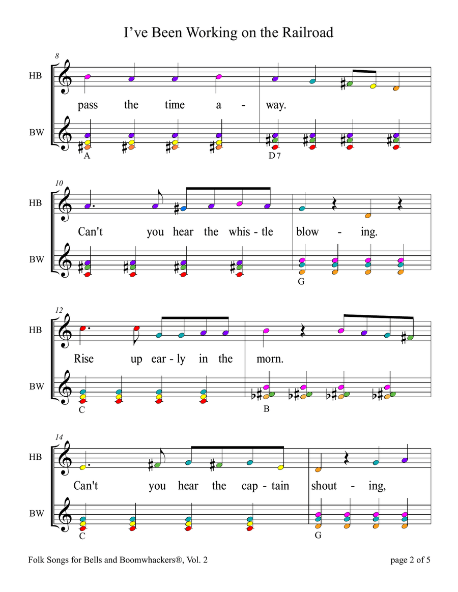 I've Been Working on the Railroad (for 13-note Bells and Boomwhackers with Color Coded Notes) Handbell Choir scores gallery preview page 6
