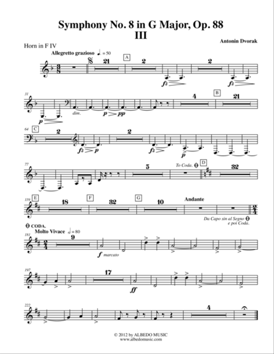 Dvorak Symphony No. 8, Movement III - Horn in F 4 (Transposed Part), Op. 88 Horn Solo scores gallery preview page 1