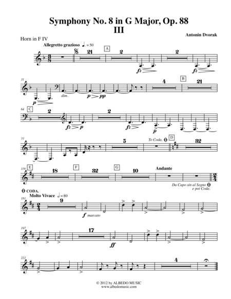 Dvorak Symphony No. 8, Movement III - Horn in F 4 (Transposed Part), Op. 88