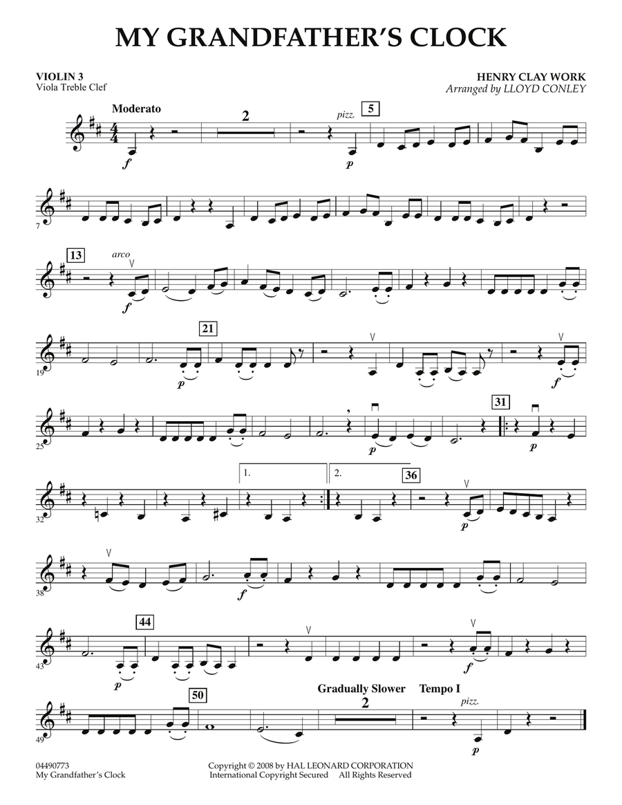 My Grandfather's Clock - Violin 3 (Viola Treble Clef) Orchestra scores gallery preview page 1