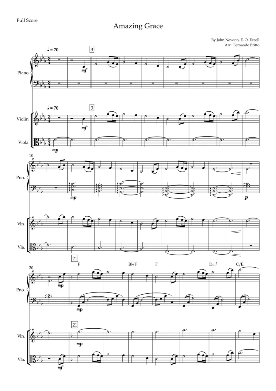 Amazing Grace (John Newton, E. O. Excell) for Violin & Viola Duo and Piano Accompaniment with Chords Piano Trio scores gallery preview page 1