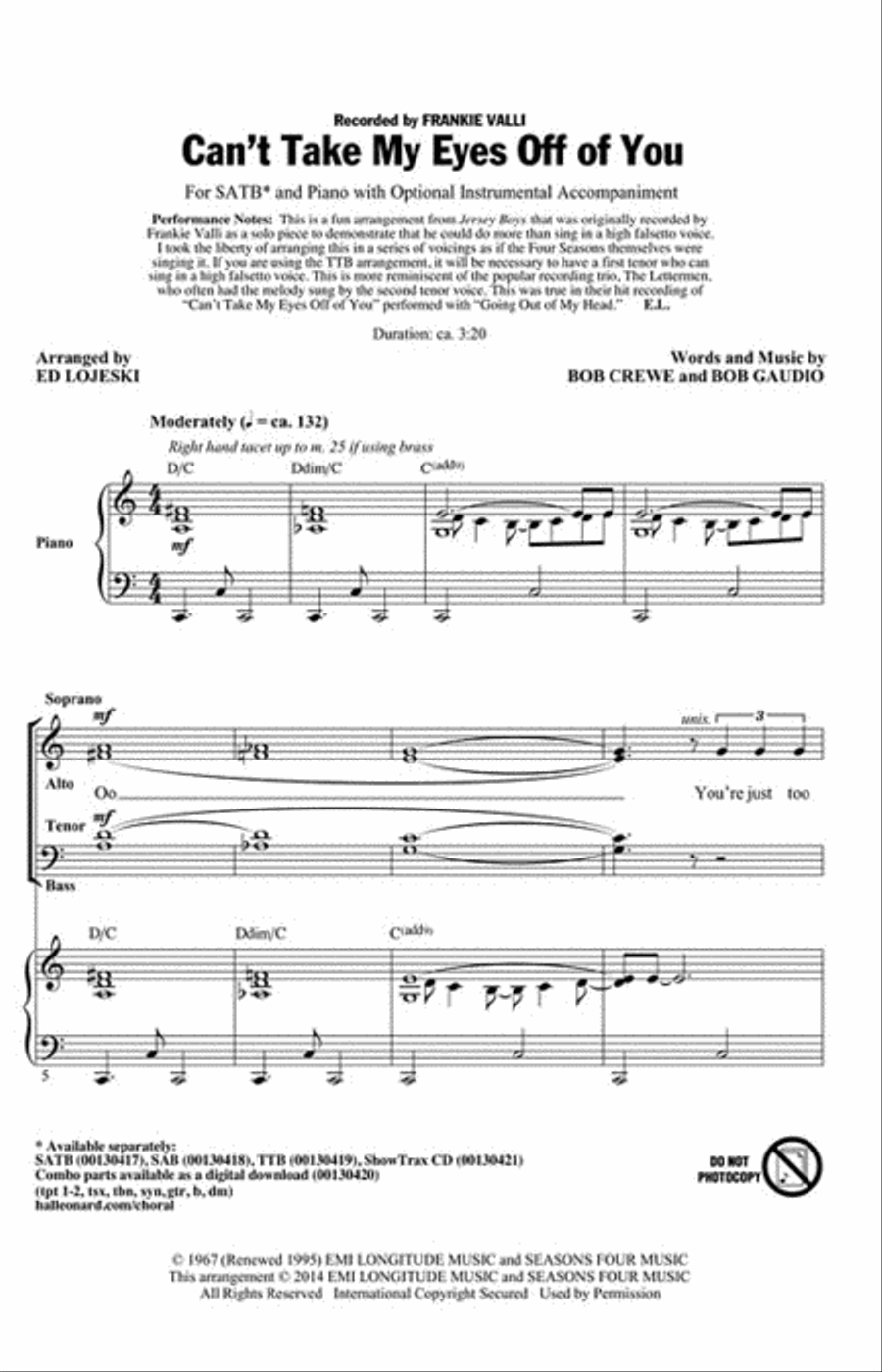 Can't Take My Eyes Off of You 4-Part scores gallery preview page 2