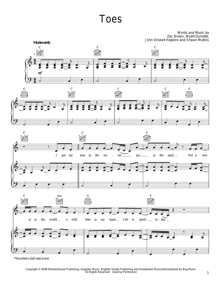 Toes Piano, Vocal, Guitar scores gallery preview page 1