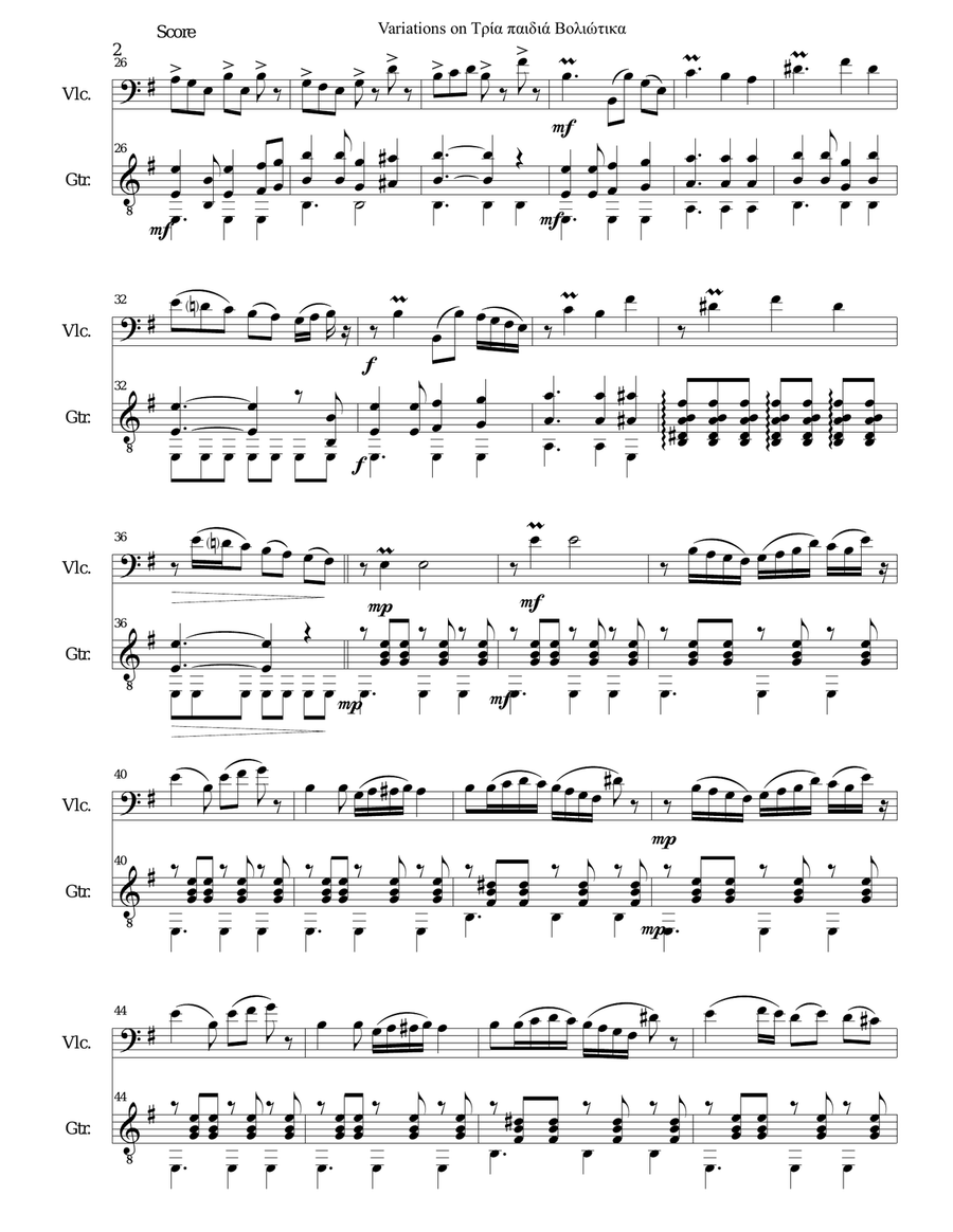 Variations on Tria paidia voliotika (Three young men from Volos) for cello and guitar String Duet scores gallery preview page 2