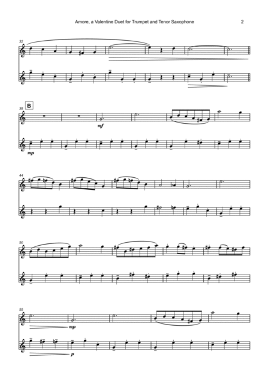 Amore, (Italian for Love), Trumpet and Tenor Saxophone Duet Saxophone Duet scores gallery preview page 3