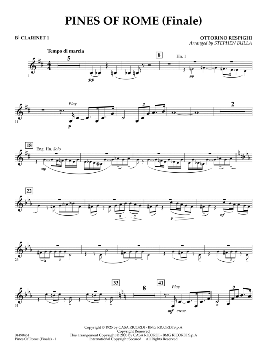 The Pines of Rome (Finale) (arr. Stephen Bulla) - Bb Clarinet 1 Full Orchestra scores gallery preview page 1