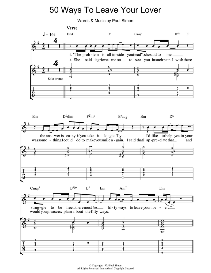 50 Ways To Leave Your Lover Guitar Tablature scores gallery preview page 1