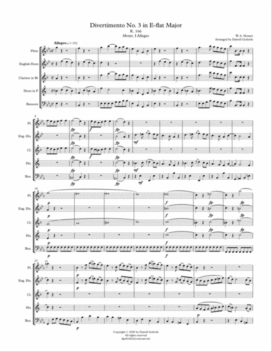 Mozart: Divertimento No. 3 in Eb Major, K. 166 for Woodwind Quintet (English Horn) Woodwind Quintet scores gallery preview page 2