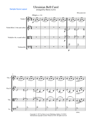 UKRAINIAN BELL CAROL (Carol of the Bells) String Trio, Intermediate Level for 2 violins and cello or