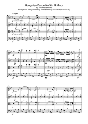 Brahms: Hungarian Dance No.5 in G Minor for String Quartet - Score and Parts
