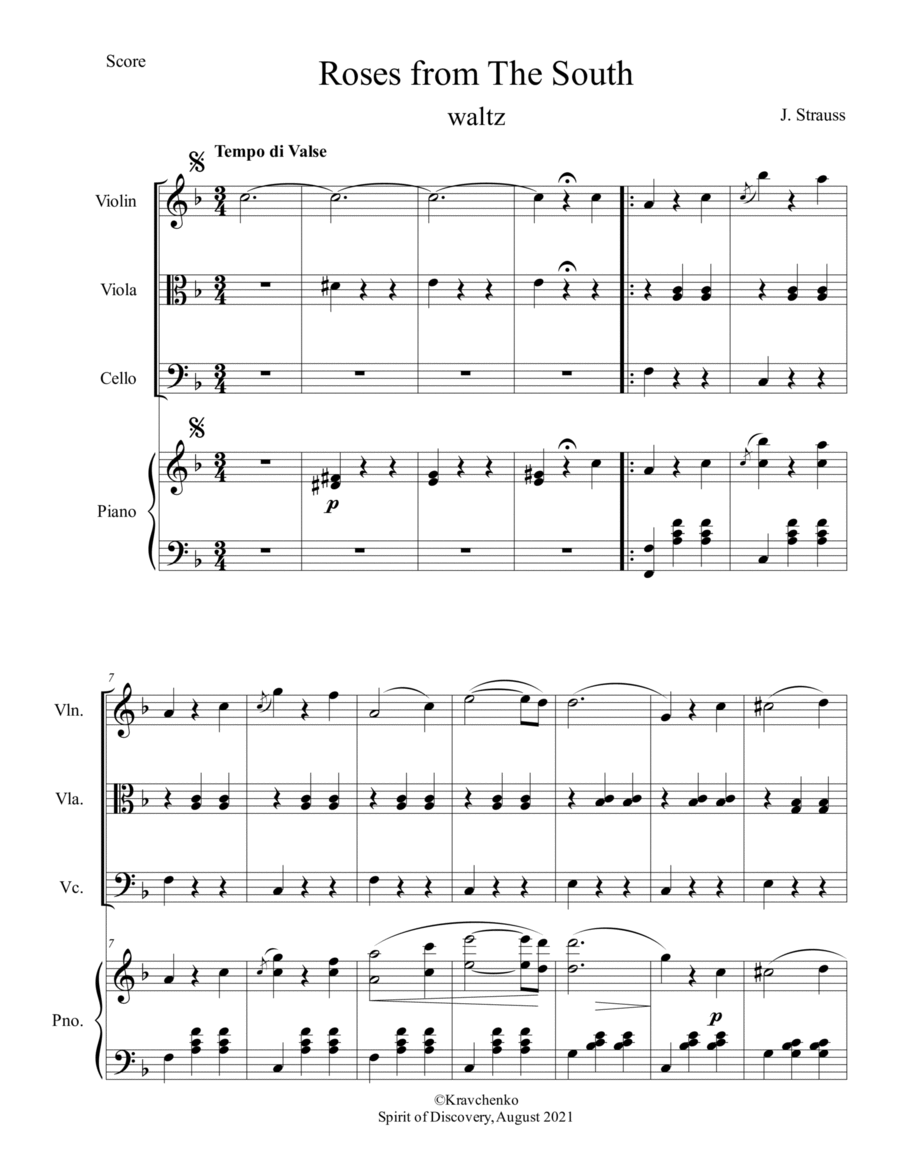 Johann Strauss II - Roses from the South (Rosen aus dem Süden) Waltz for piano quartet Piano Quartet scores gallery preview page 1