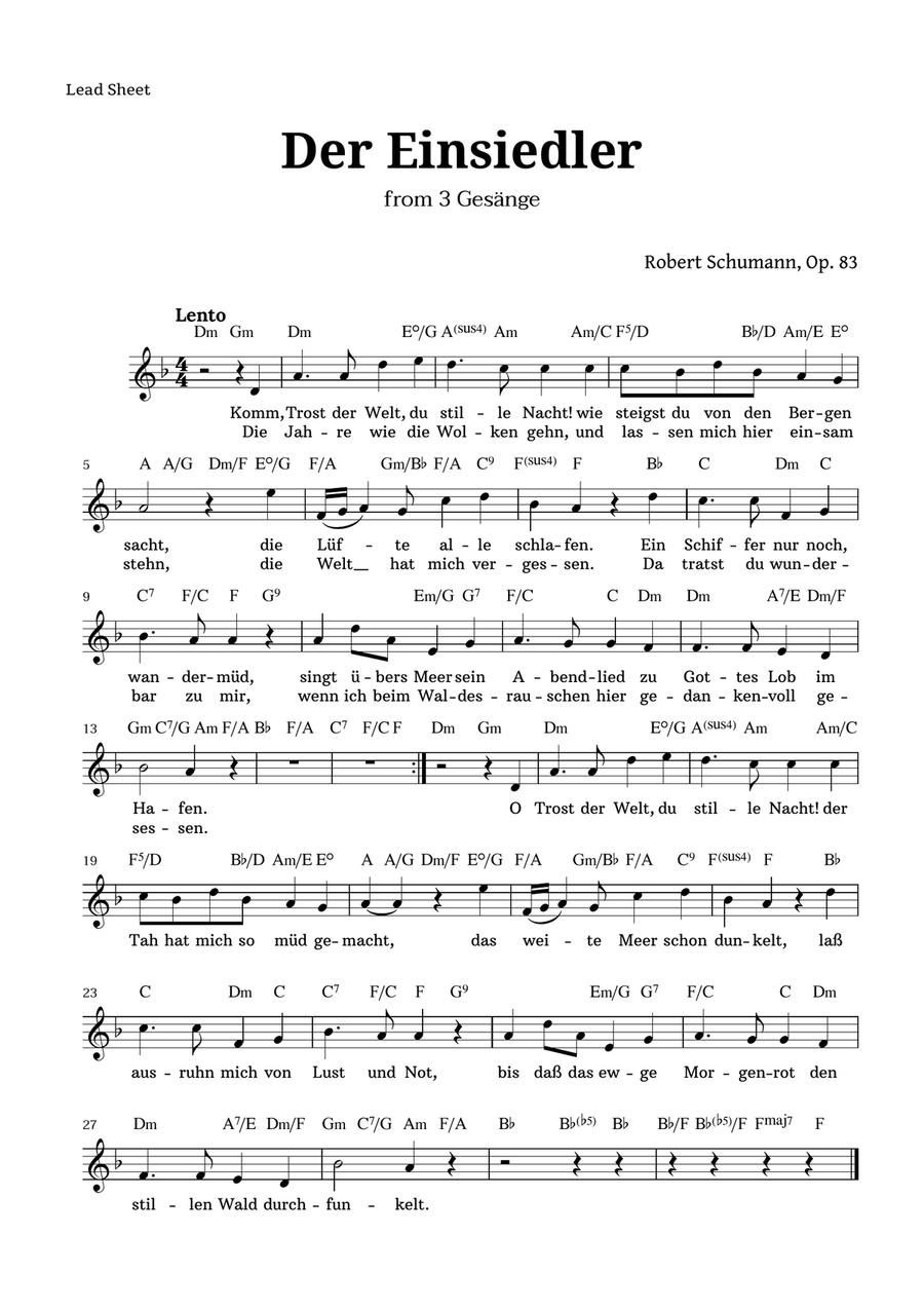 Der Einsiedler by Schumann for Voice and Chords Voice scores gallery preview page 1