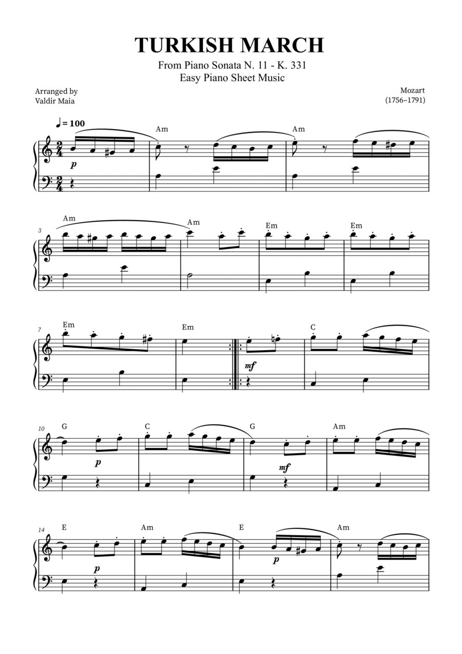 Turkish March - Easy Piano (with chords) Chamber Music scores gallery preview page 1