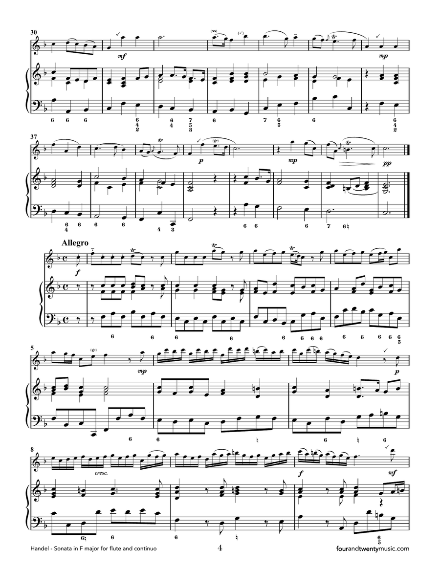 Sonata in F Major for Flute/ recorder and continuo/ piano, opus 1 no 11/HWV 369 Woodwind Duet scores gallery preview page 4