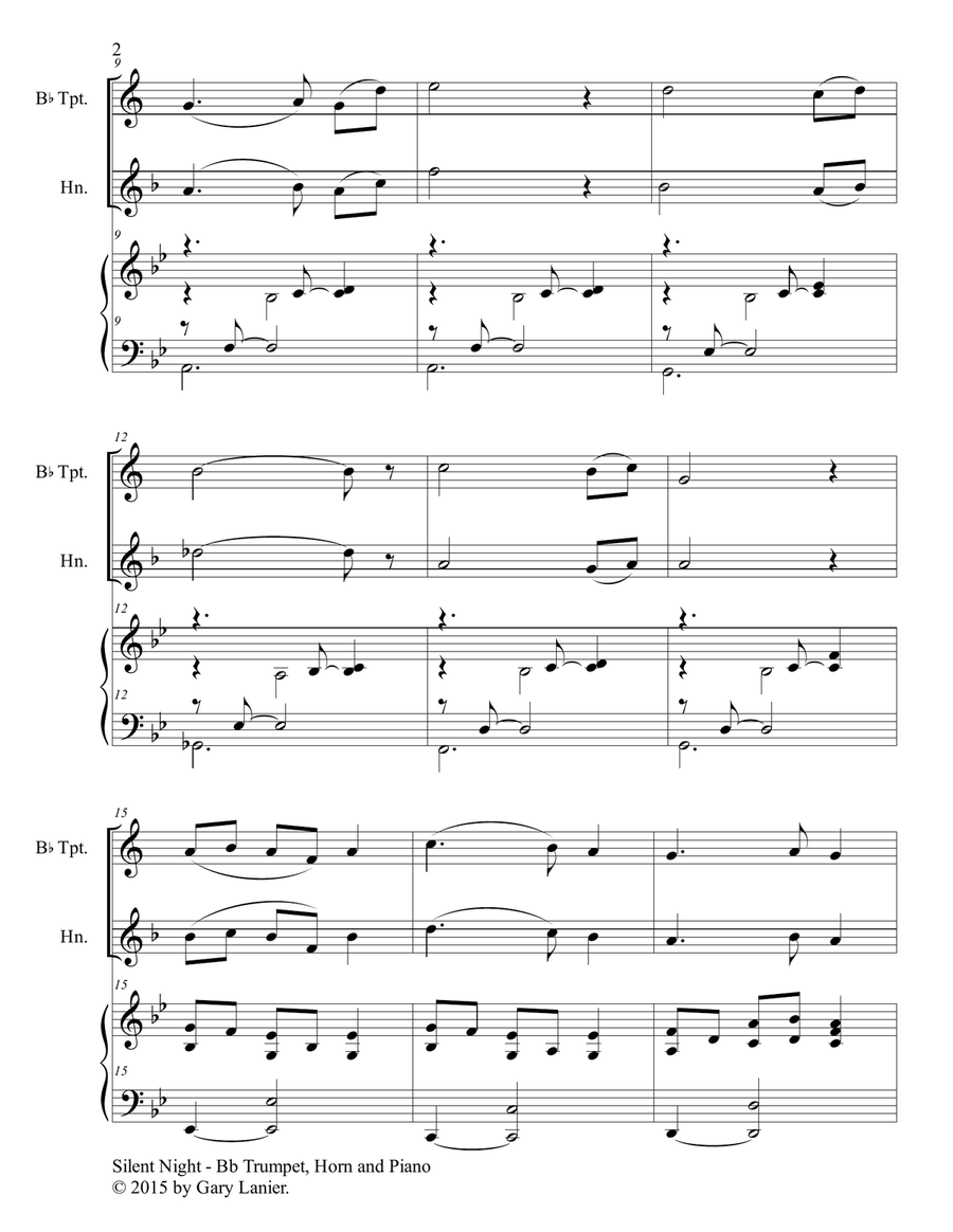 Gary Lanier: SILENT NIGHT (Trio – Bb Trumpet, Horn in F & Piano with Score & Parts) Brass Trio scores gallery preview page 3