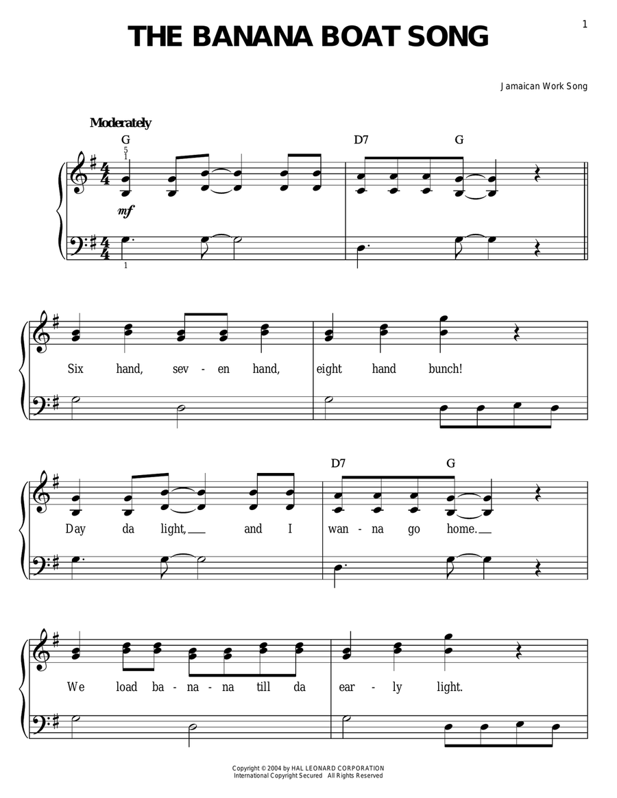 The Banana Boat Song (Day-O) Easy Piano scores gallery preview page 1