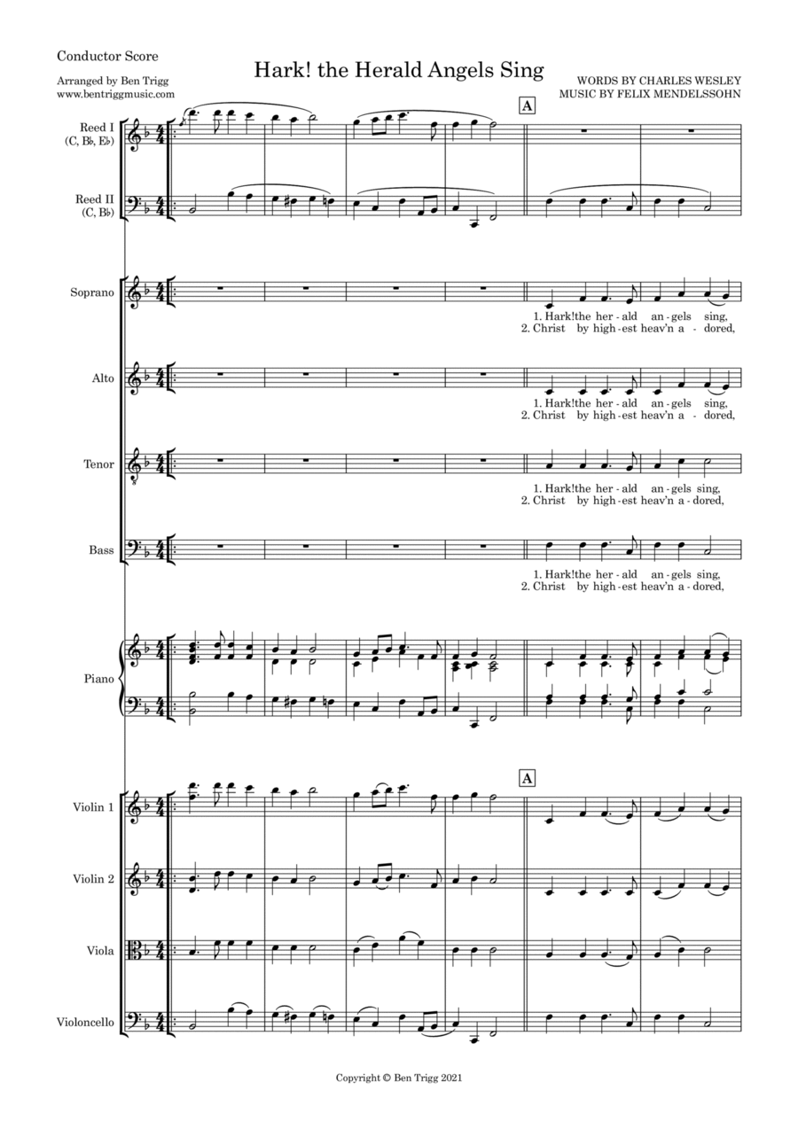 Hark! the Herald Angels Sing – SATB, String quartet, Piano and flexible woodwind (Score and parts) SATB scores gallery preview page 1