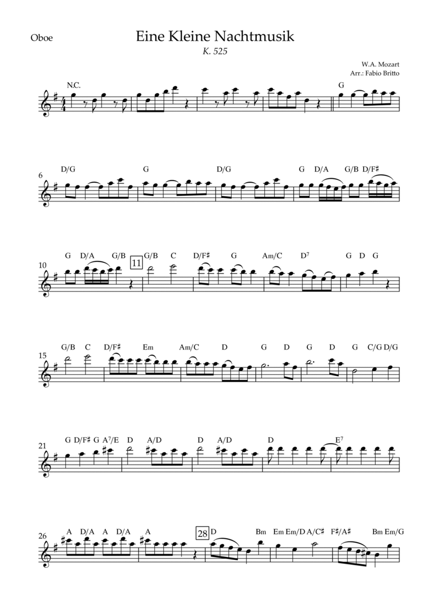 Eine kleine Nachtmusik (W.A. Mozart) for Oboe Solo with Chords (Simplified)