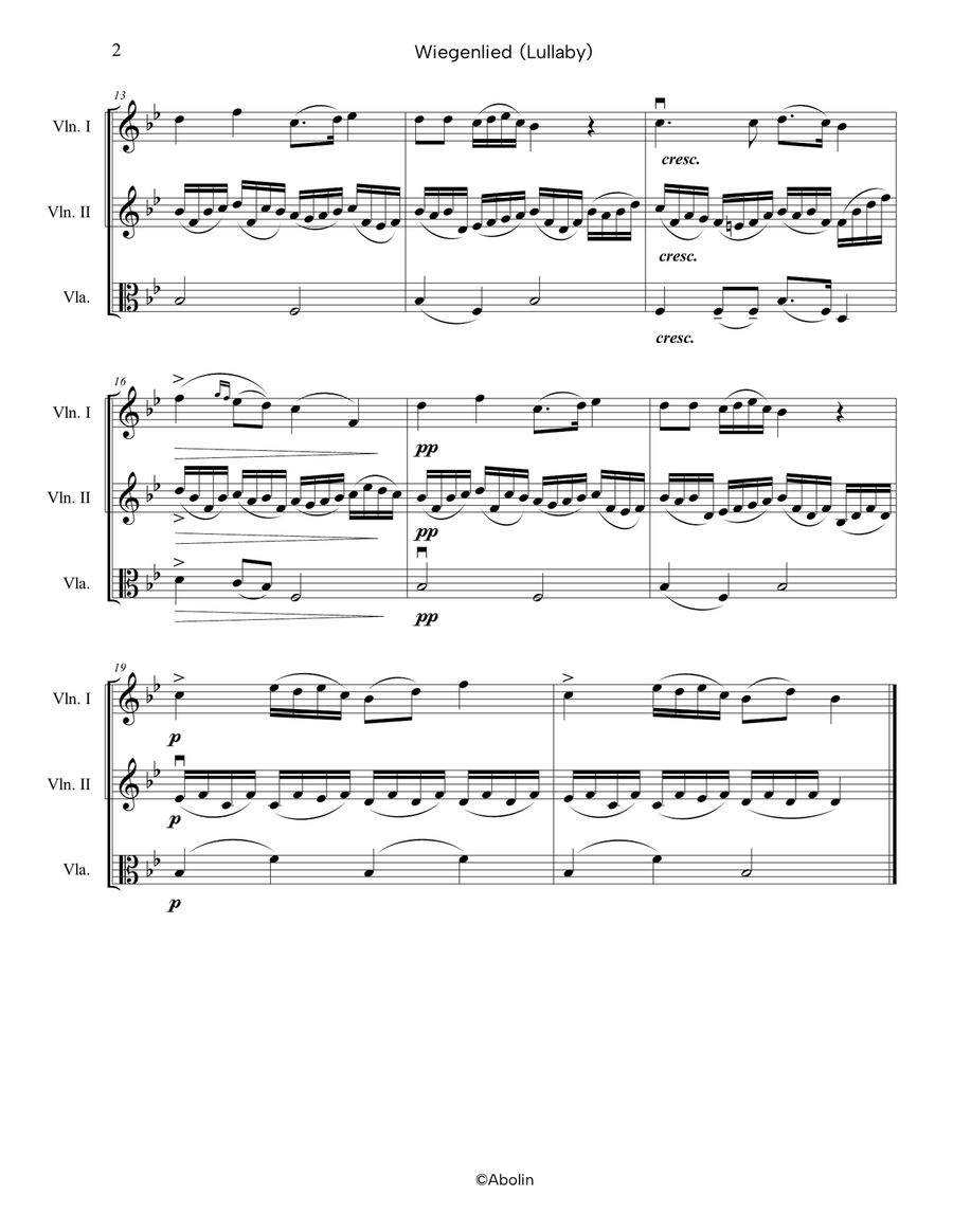 Schubert: Wiegenlied (Lullaby), Op.98, No.2, arr. for 2 Violins and Viola String Trio scores gallery preview page 3