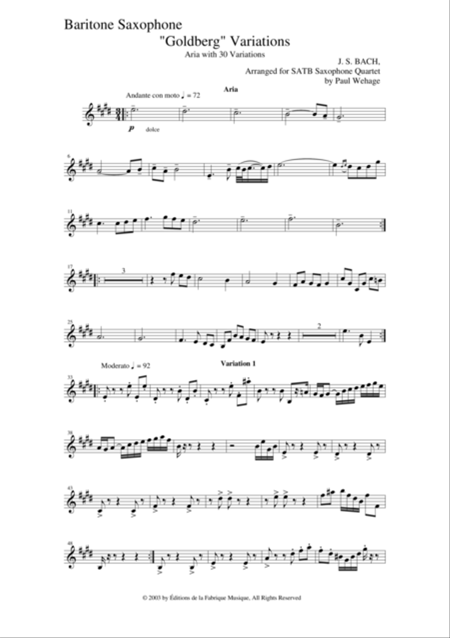 Johann Sebastian Bach/Wehage Goldberg Variations, BWV 988, arranged for SATB saxophone Quartet, bari Saxophone Quartet scores gallery preview page 1