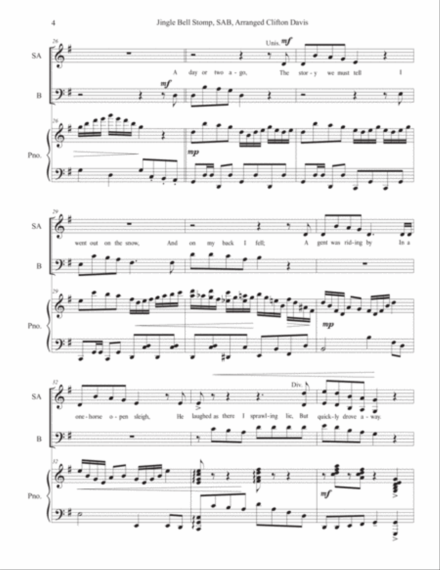 Jingle Bell Stomp for SAB choir and piano, arr. by Clifton Davis image number null