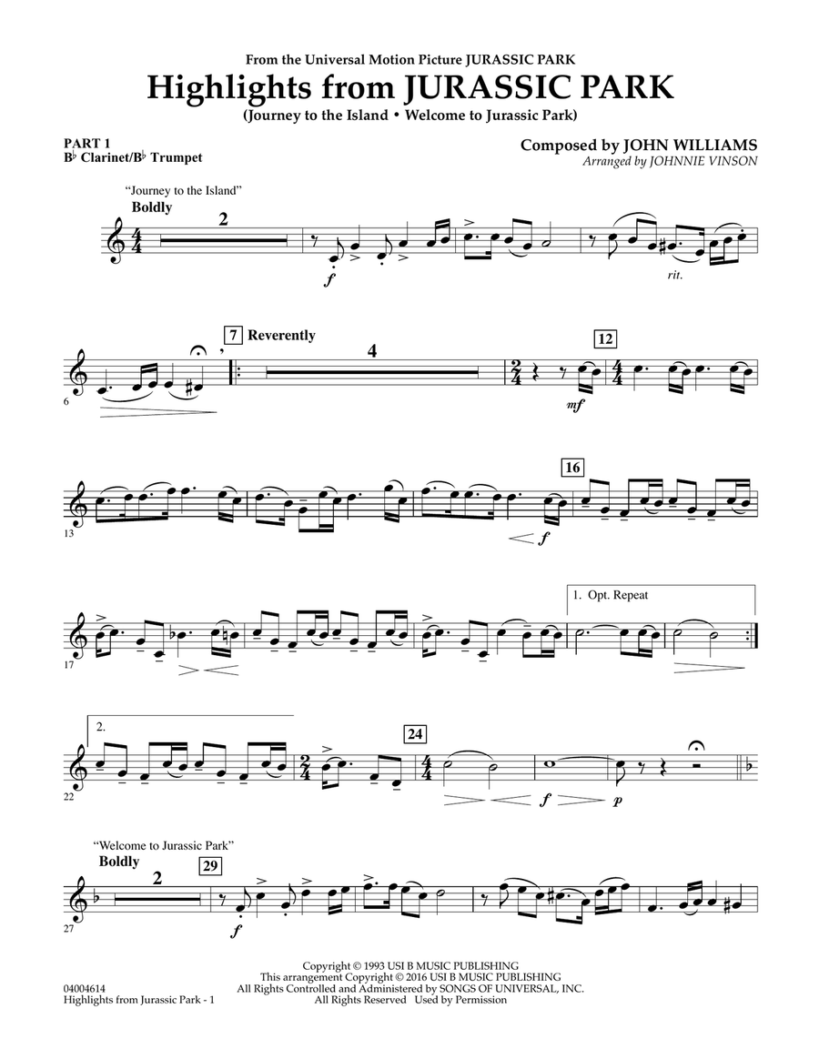 Highlights from Jurassic Park - Pt.1 - Bb Clarinet/Bb Trumpet Concert Band scores gallery preview page 1