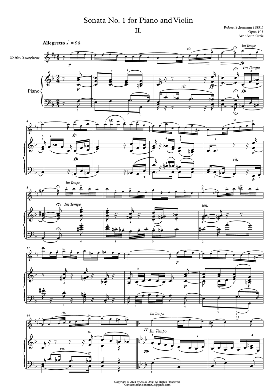 2nd movement from Sonata No. 1 for Piano and Violin (R. Schumann) [Alto Saxophone Transcription] Chamber Music scores gallery preview page 4