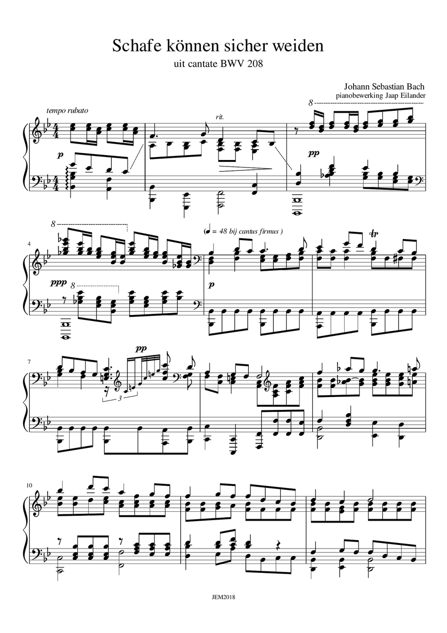 J. S. Bach, Schafe können sicher weiden BWV 208, arrangment / transcription for piano by Jaap Eilan Piano Solo scores gallery preview page 1