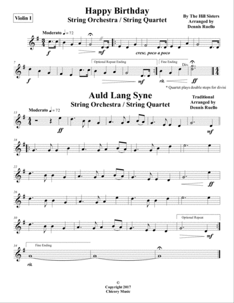 Happy Birthday / Auld Lang Syne - String Orchestra / String Quartet - Intermediate String Quartet scores gallery preview page 5