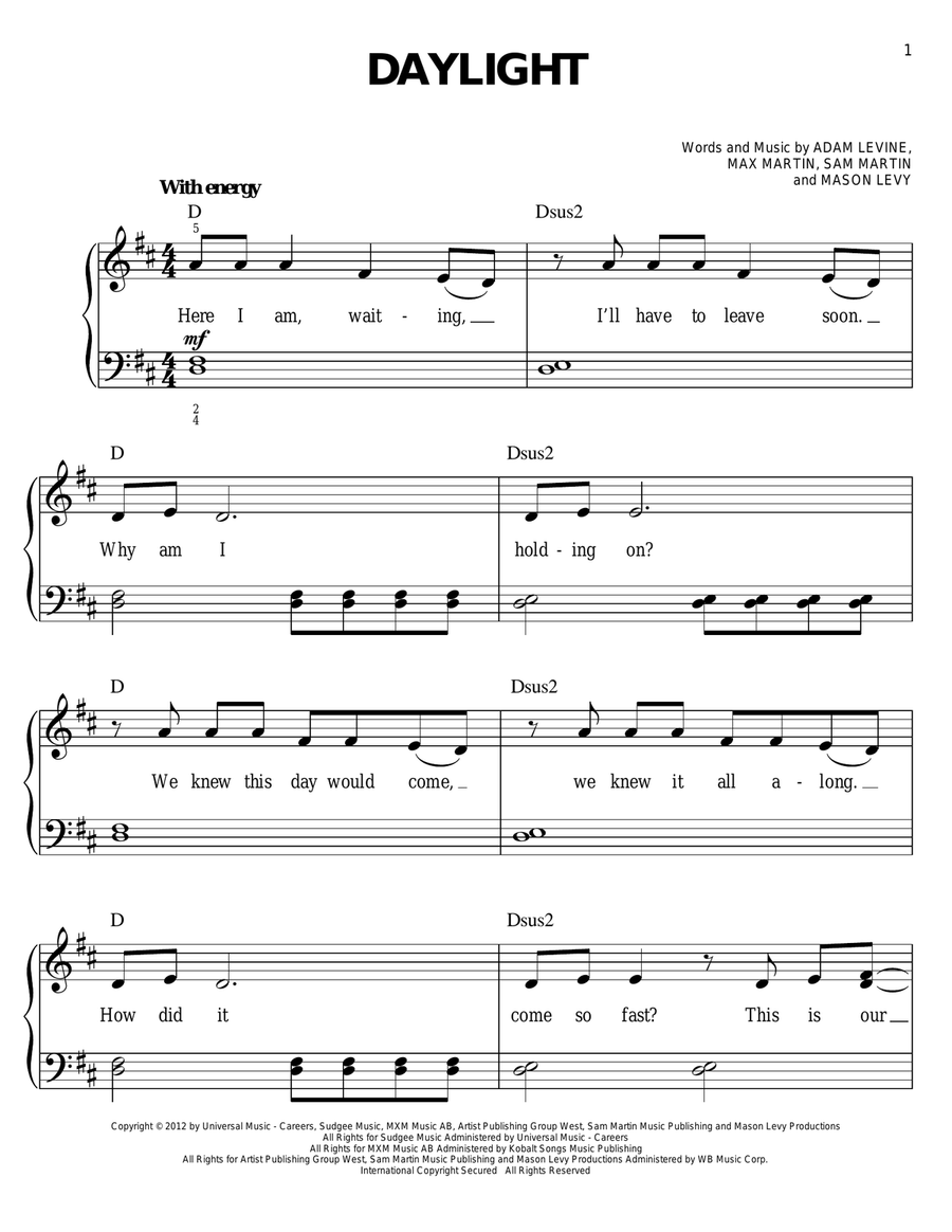 Daylight Easy Piano scores gallery preview page 1