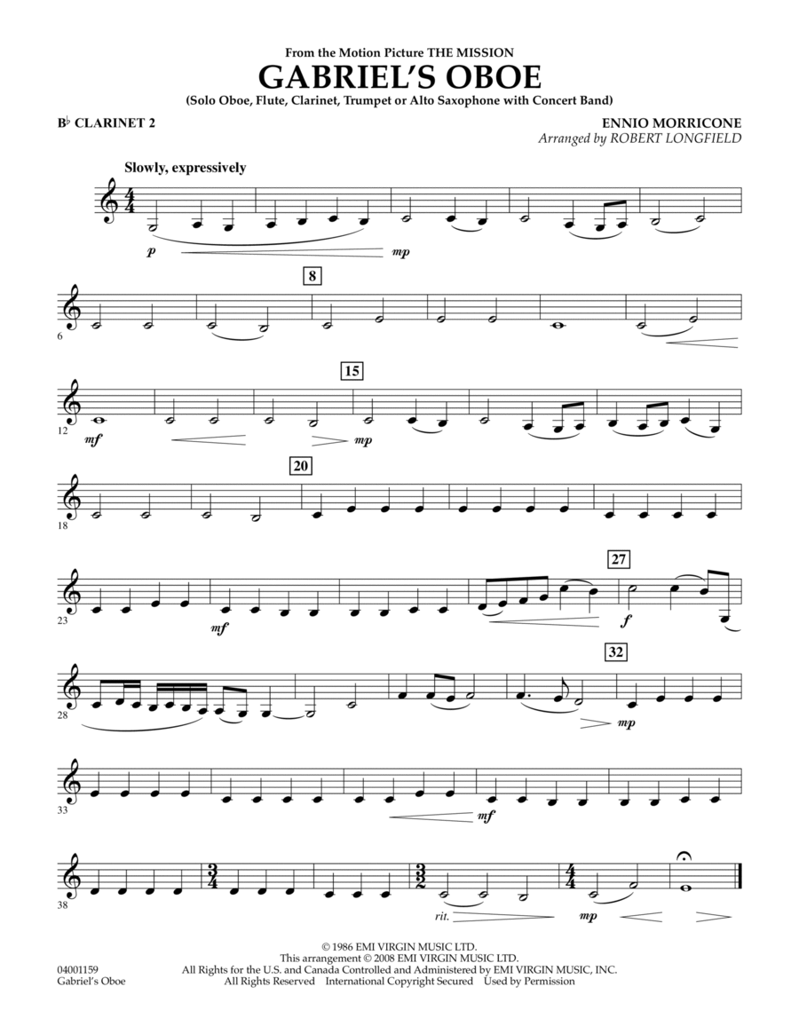 Gabriel's Oboe (from The Mission) - Bb Clarinet 2 Concert Band scores gallery preview page 1